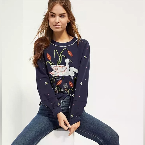 Anthropologie Maeve Swan Lake Embroidered Sweatshirt Size XS - Picture 4 of 5